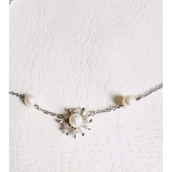 14K White Gold 6mm Pearl Diamond Starburst/ Dandelion Necklace 5.84g 18"